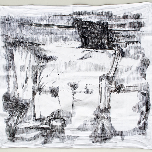 'Opkruipend zwart', Handkerchief 1, 39,5 x 35,5 cm, black markers on cotton