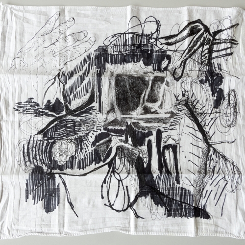 'Opkruipend zwart’, Handkerchief 2, 39,5 x 35,5 cm, black markers on cotton