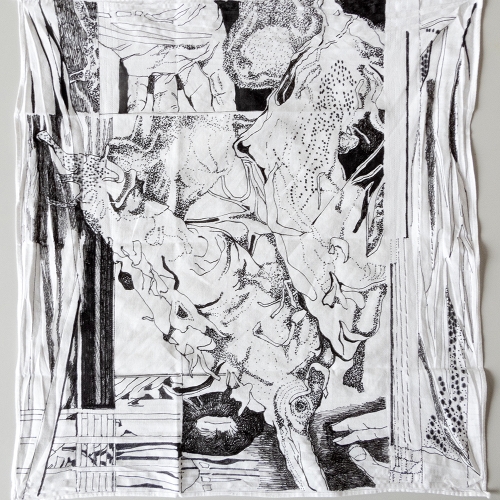 'Opkruipend zwart', Handkerchief 5, 40 x 37 cm, black markers on cotton
