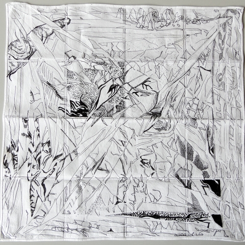 'Opkruipend zwart', Handkerchief 6, 40 x 37 cm, black markers on cotton