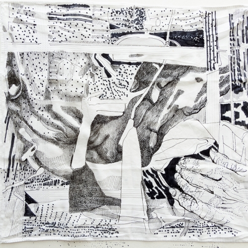'Opkruipend zwart', Handkerchief 7, 39,5 x 35,5 cm, black markers on cotton