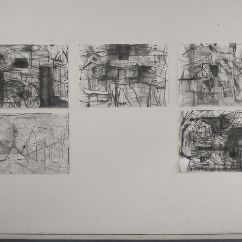 Studio view, 2026, Untitled no. 1 till no. 9, Charcoal on paper, 100 x 70 cm, 2025 - 2026